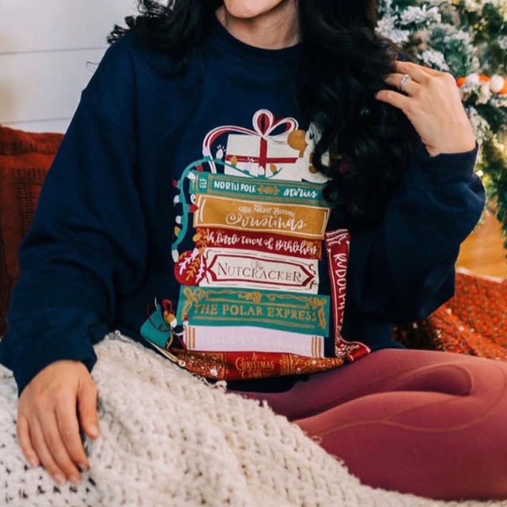Christmas Holiday Disney Book Stack Inspired Crewneck Pullover Fleece Sweatshirt
